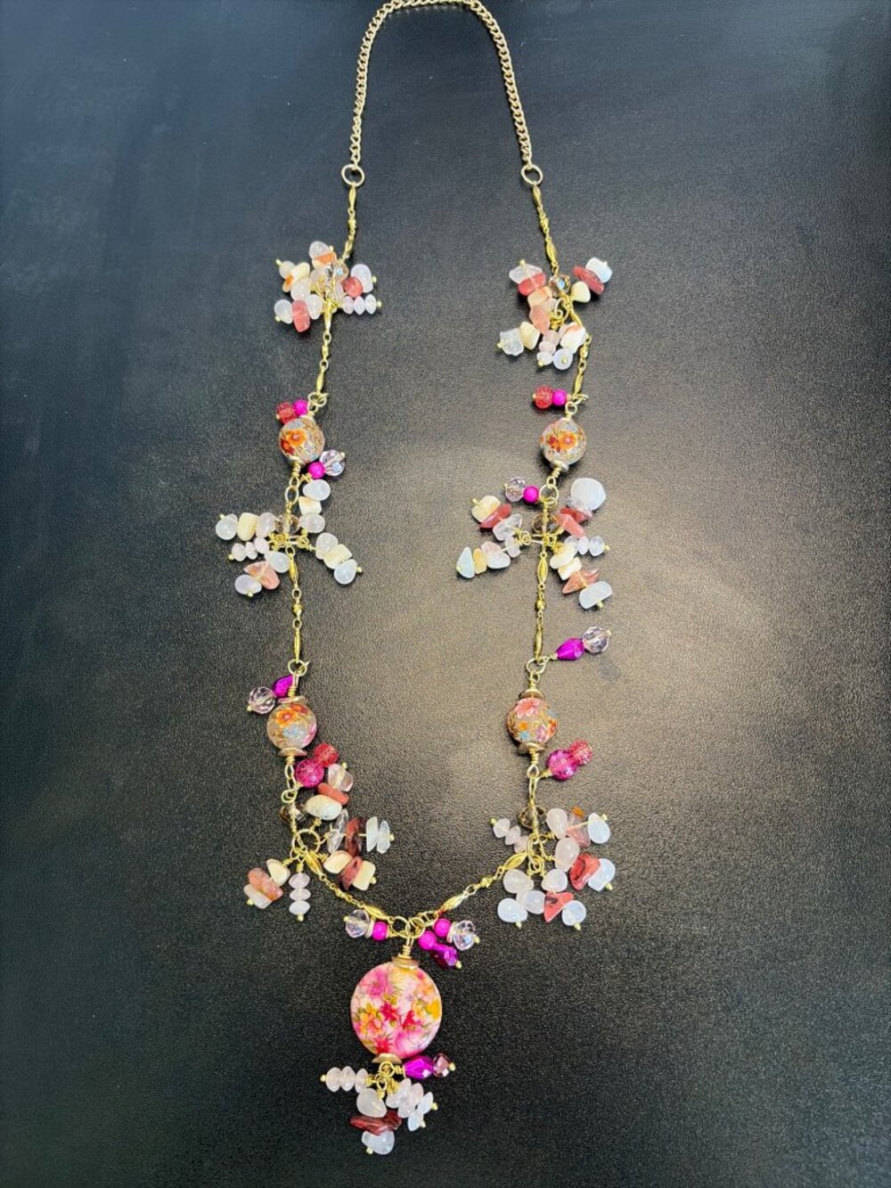 Pink Floral Beaded Statement Necklace Rose Quartz Look Boho